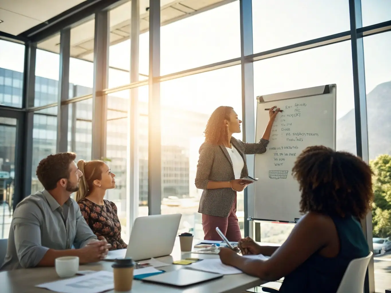 A professional development workshop in progress, with participants actively engaged in a group discussion, facilitated by a business coach.