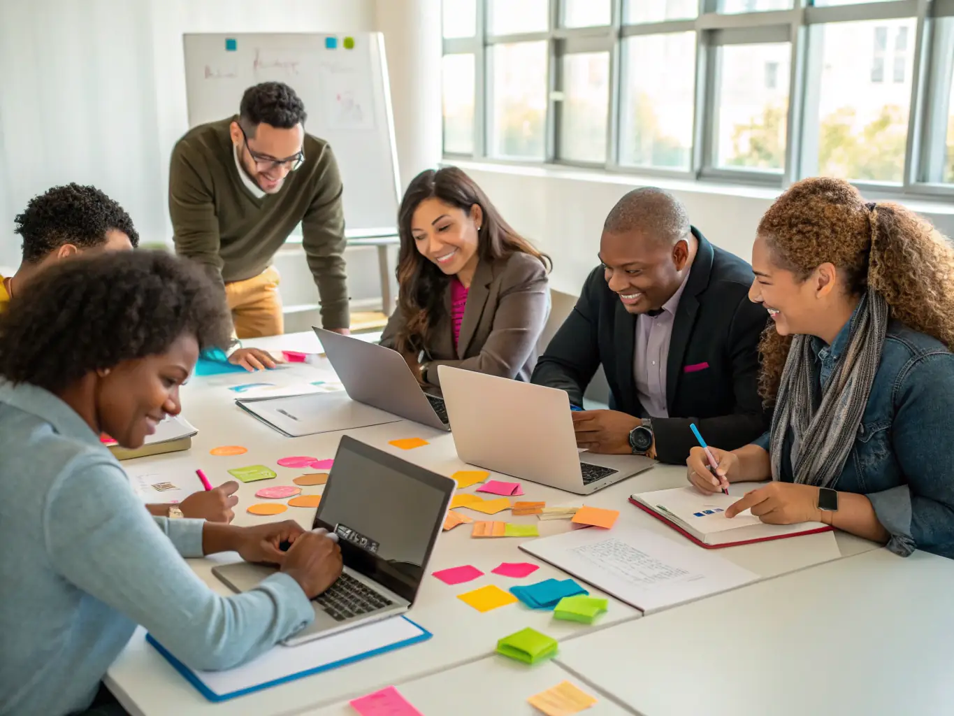A professional development workshop in progress, with participants actively engaged in a group activity, showcasing the interactive and collaborative nature of annually.uno's training modules.