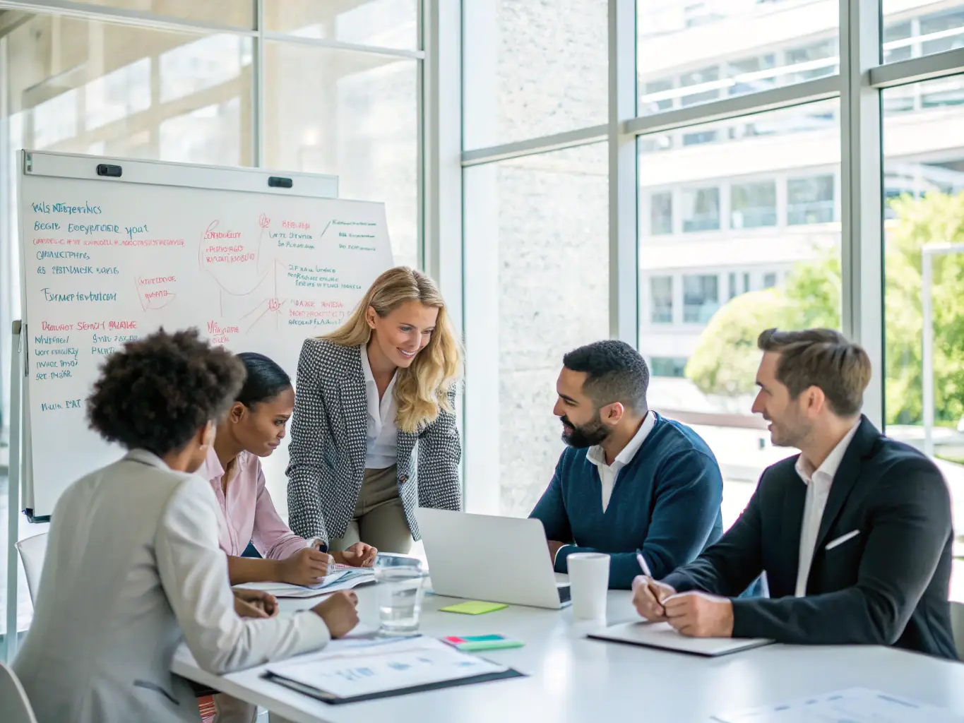 A diverse team of professionals actively participating in a business training session, with a focus on collaborative problem-solving and strategic planning.